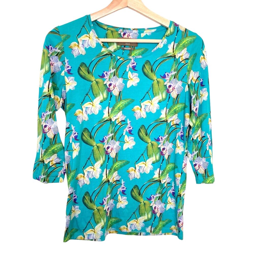Norm Thompson Womens Pima Cotton 3/4 Sleeve Shirt M Orchid Floral Pullover NWOT